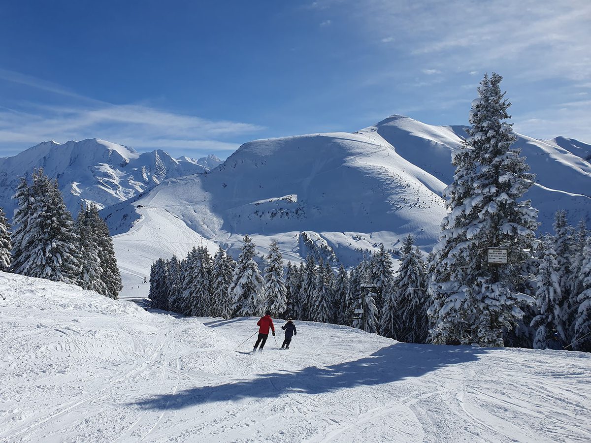 Skieurs entre les sapins, face au Mont-Blanc